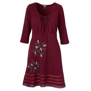 Empire Waist Peasant Dress Burgundy Applique Lace Trim Scoop Tie Neck 3/4 Sleeve